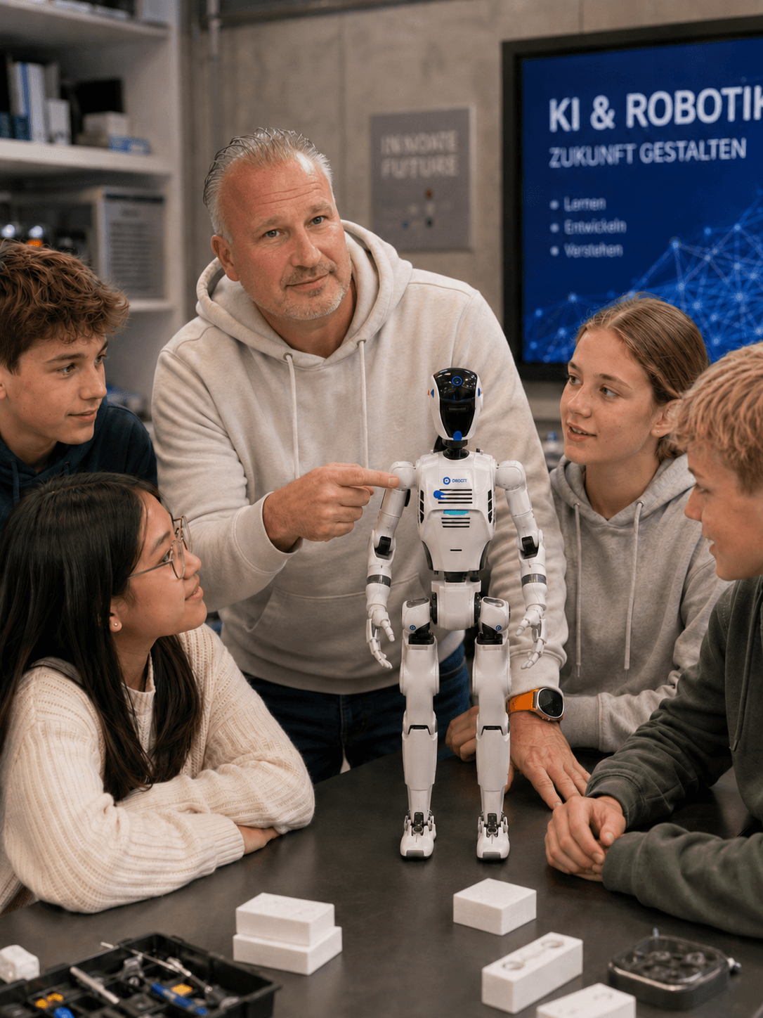 Alexander Holtermann mit Roboter und Schülern